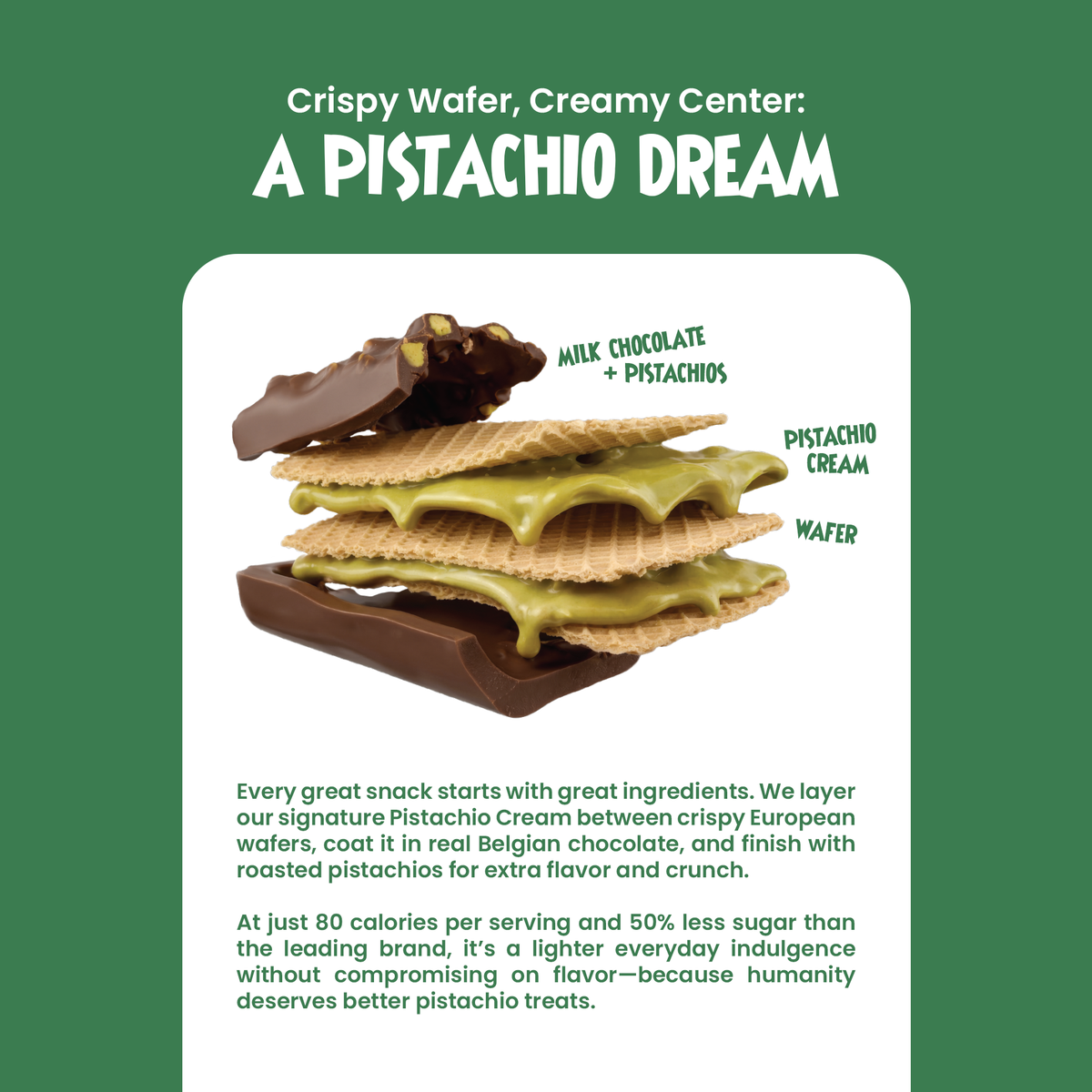Pistachio Squares - Dreamy Pistachio Cream Wafer Covered in Dark Chocolate