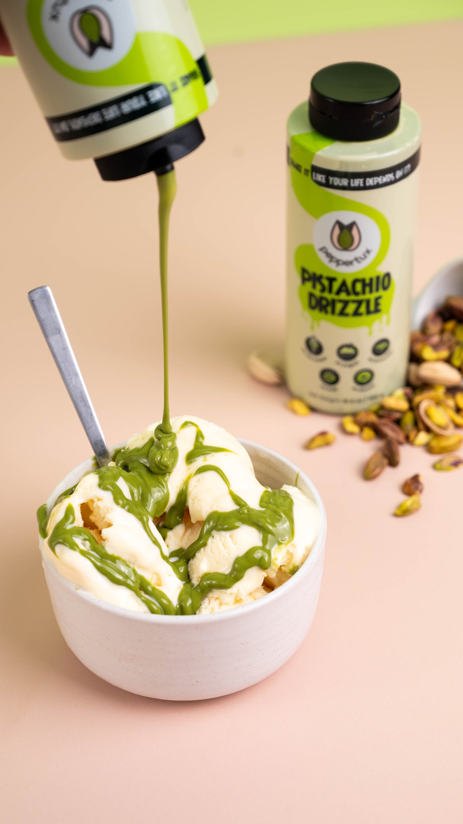 100 ways to use Peppertux Pistachio Drizzle (aka pistachio sauce / pistachio ice cream sauce / pistachio liquid sauce)