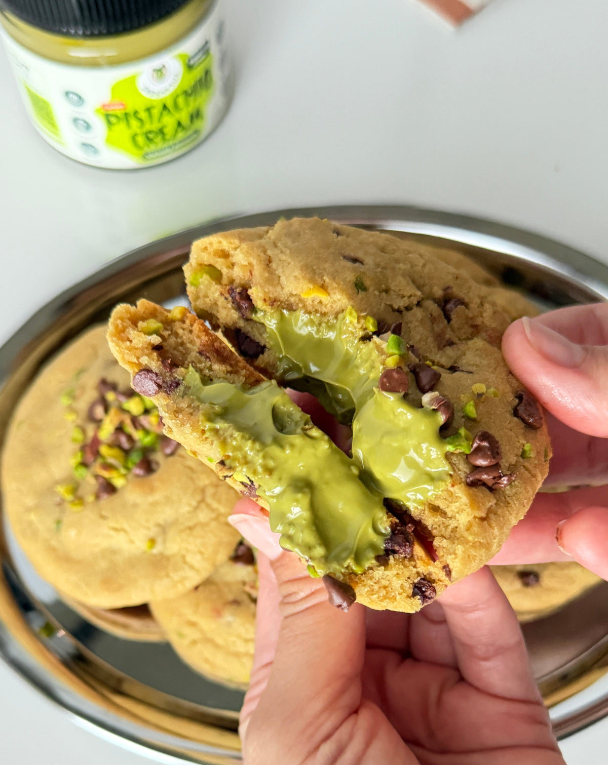 Pistachio Cream Filled Chocolate Chip Cookie