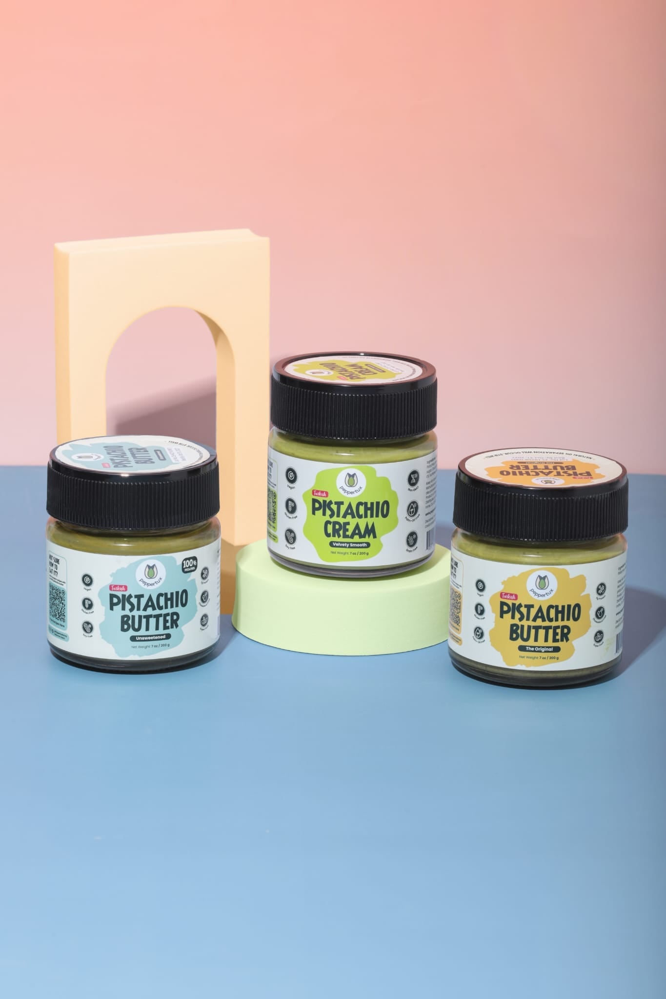 Peppertux pistachio spreads featuring pistachio cream and pistachio butter varieties