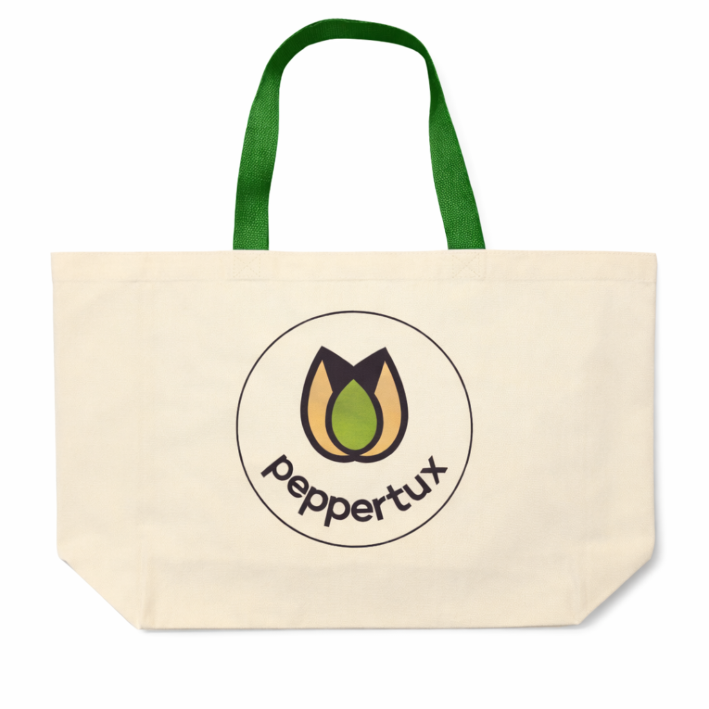 Peppertux Beige tote bag with green handles and Peppertux logo on a white background