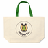 Peppertux Beige tote bag with green handles and Peppertux logo on a white background